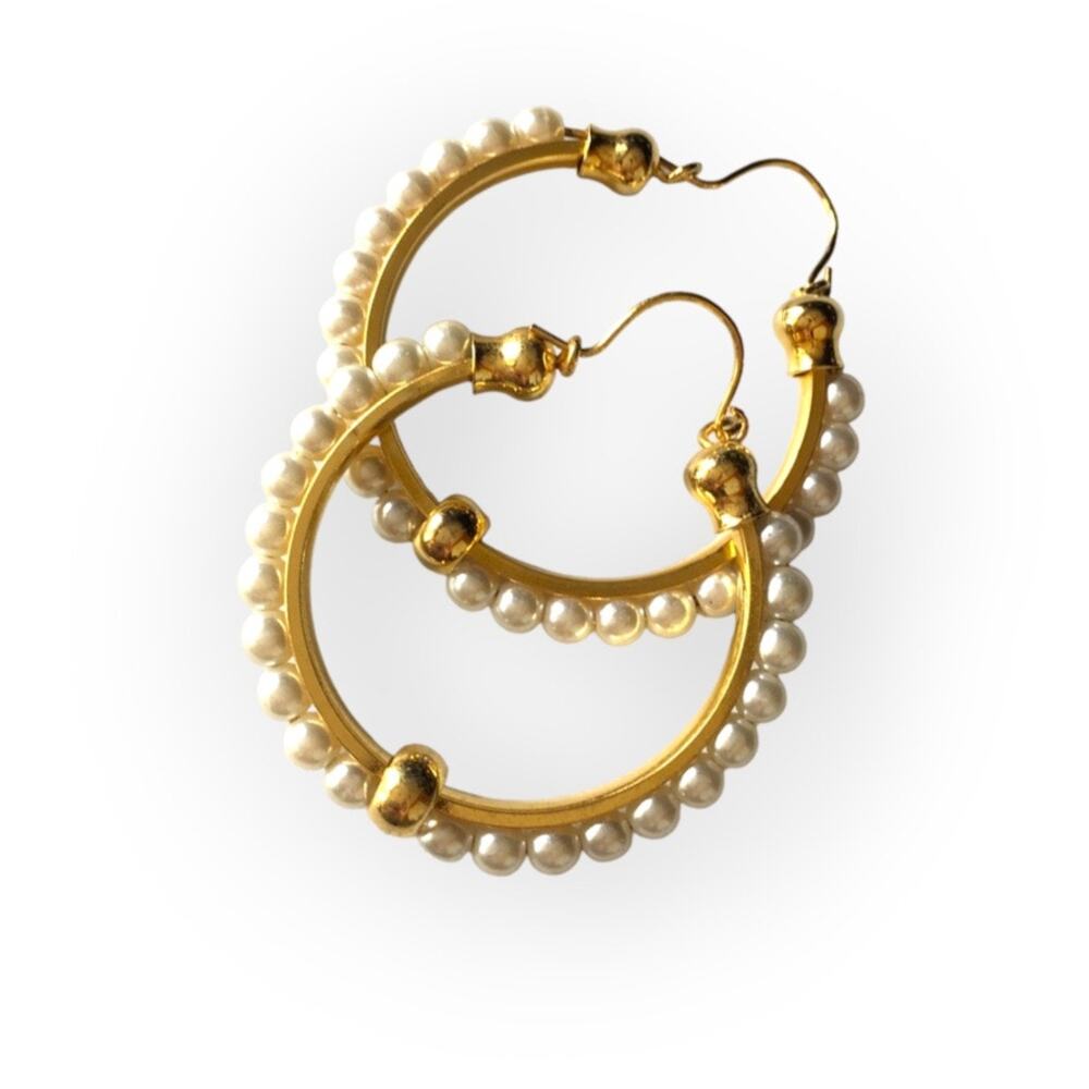Gold tone faux pearl hoop earrings